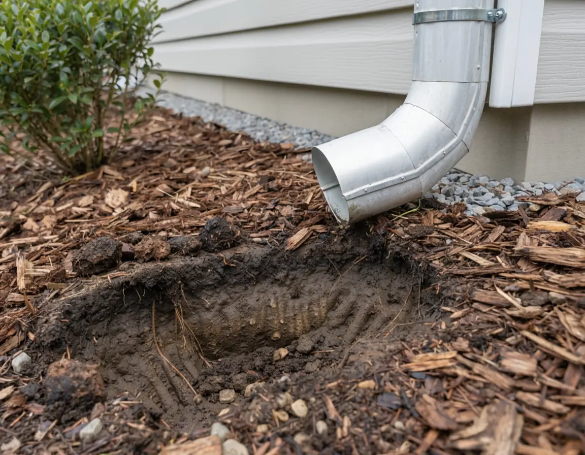 Soil erosion and washout under a downspout next to a home foundation