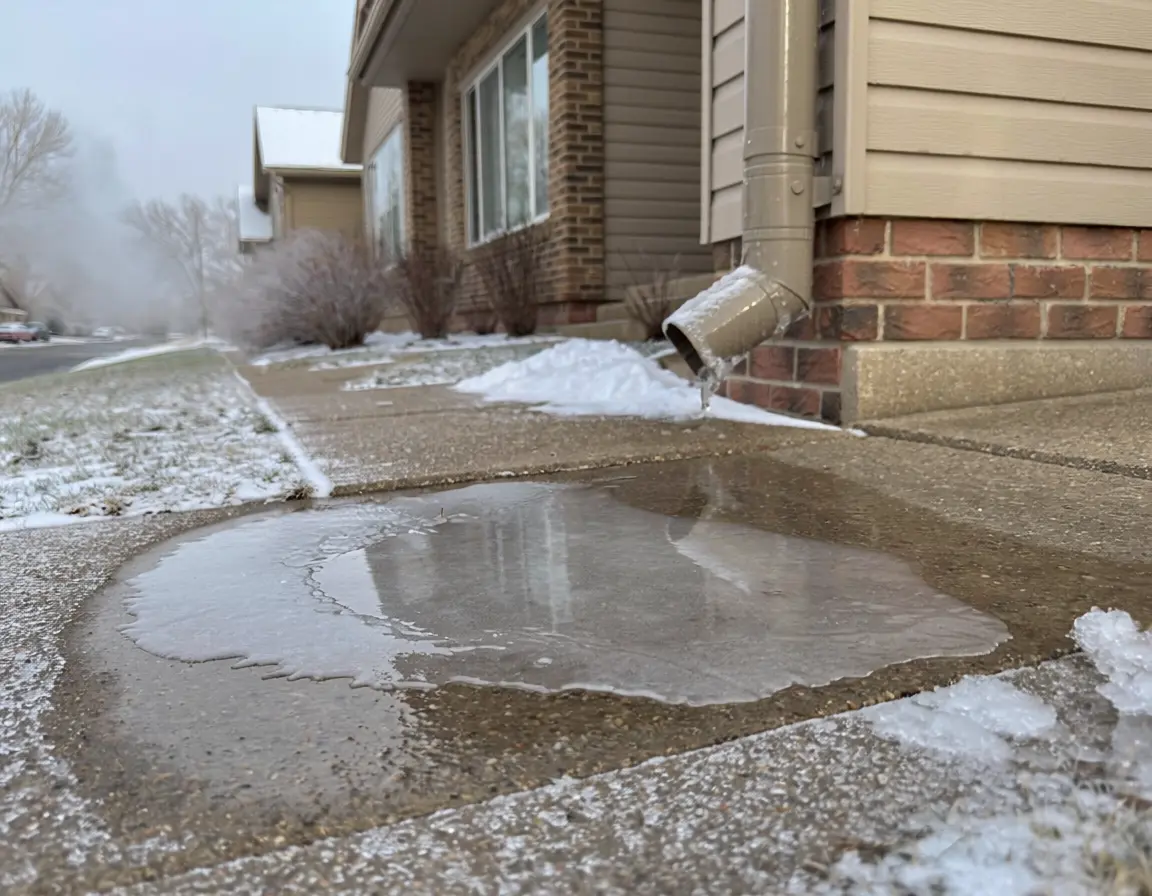 Icy puddle on a sidewalk caused by downspout runoff in winter