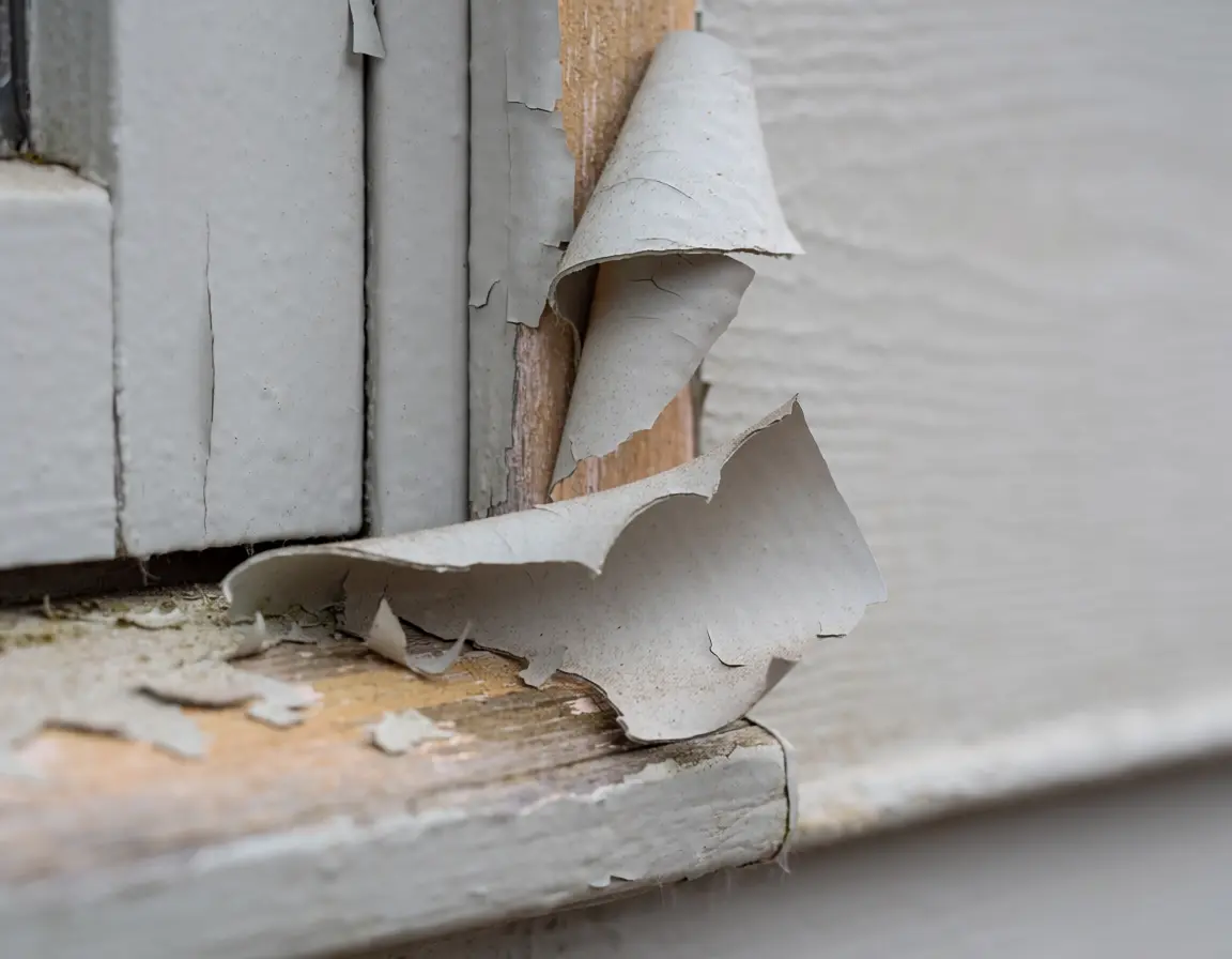 Severely peeling and blistering exterior paint on a window sill