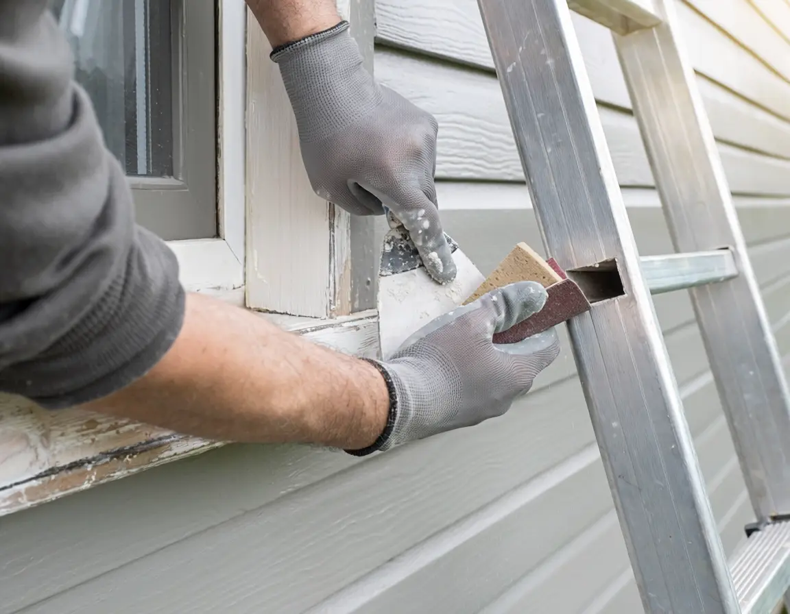 Painter sanding and prepping a window frame before repainting