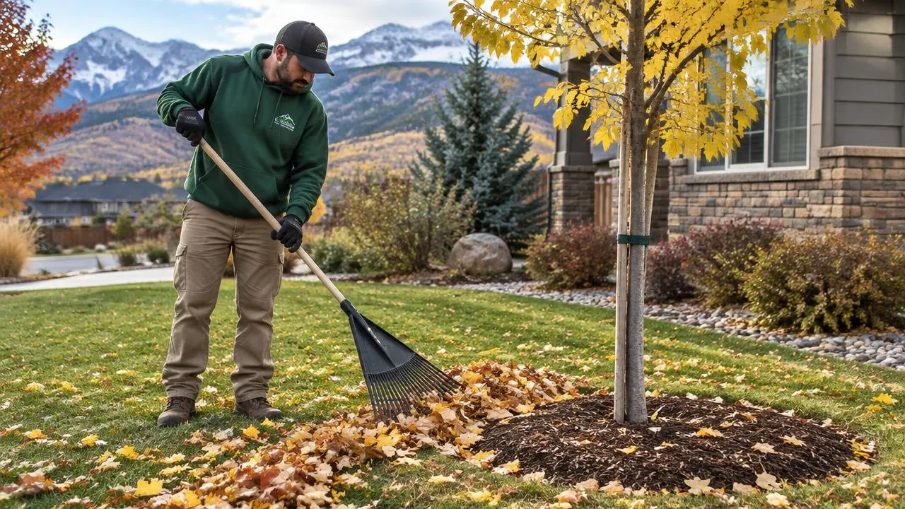 Landscaper cleaning up autumn leaves on a Colorado lawn