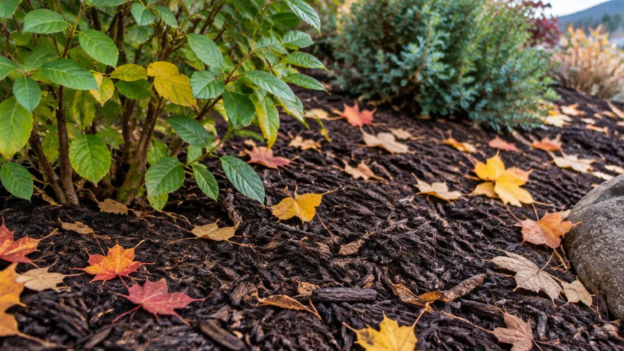 Fresh mulch around shrubs in a fall landscape bed