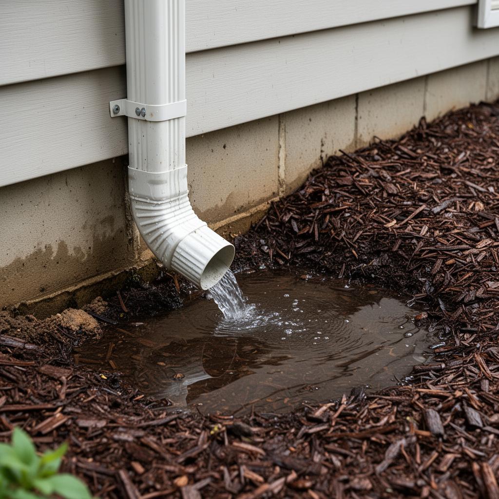 Downspout emptying too close to a home foundation with water pooling in a landscape bed