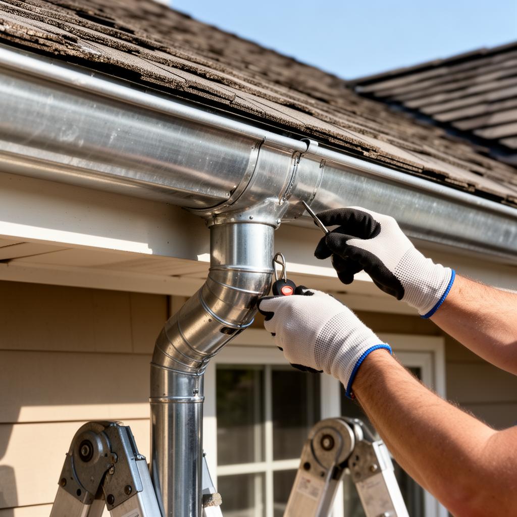 Gloved hands inspecting a clean metal gutter and downspout connection from a ladder