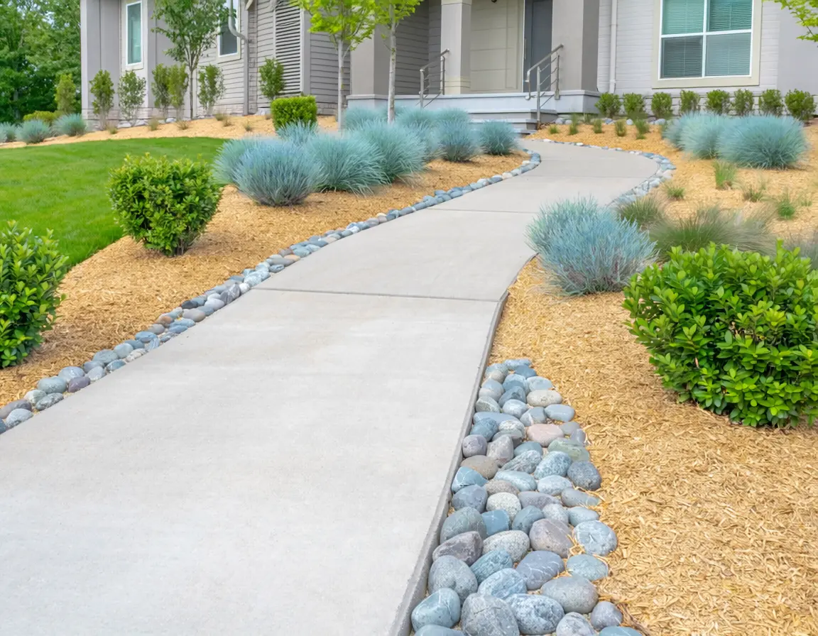 Clean curved walkway with rock borders, mulch beds, and ornamental grasses in a Colorado front yard