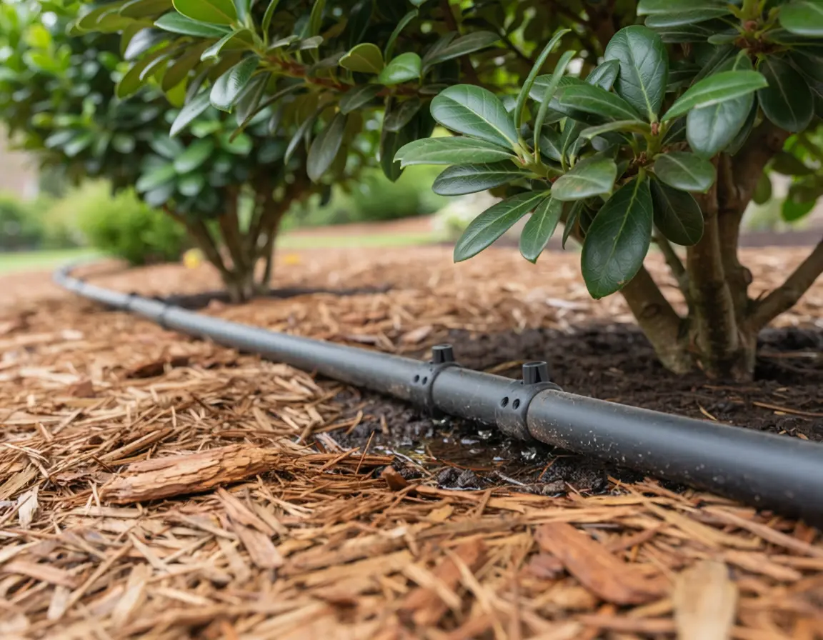 Drip irrigation line running through mulch beneath shrubs in a Colorado landscape bed