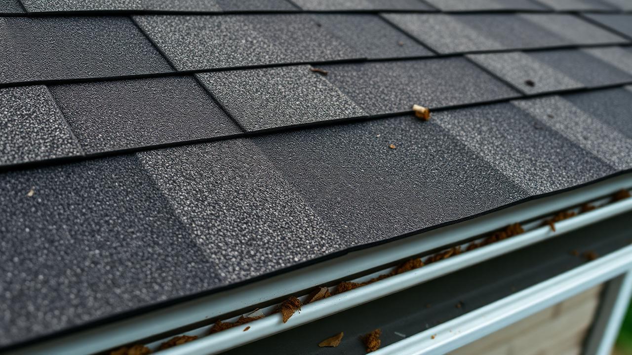Close-up of asphalt shingles with lifted edges and debris next to a metal gutter after a storm
