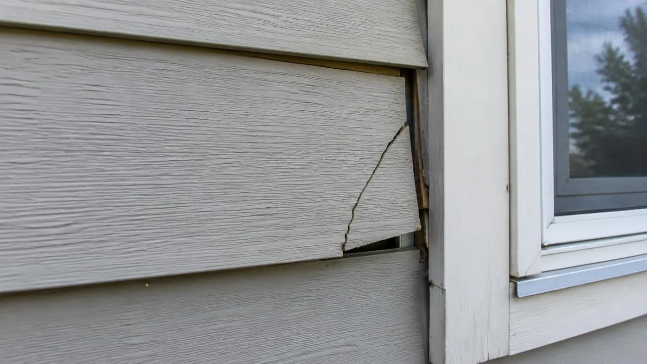 Cracked, loose siding panel near window trim