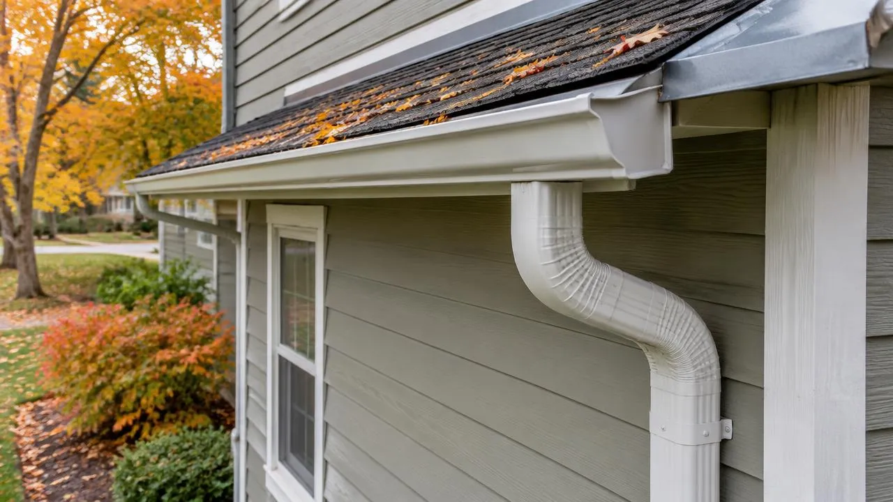 Gutter and downspout directing water away from house siding