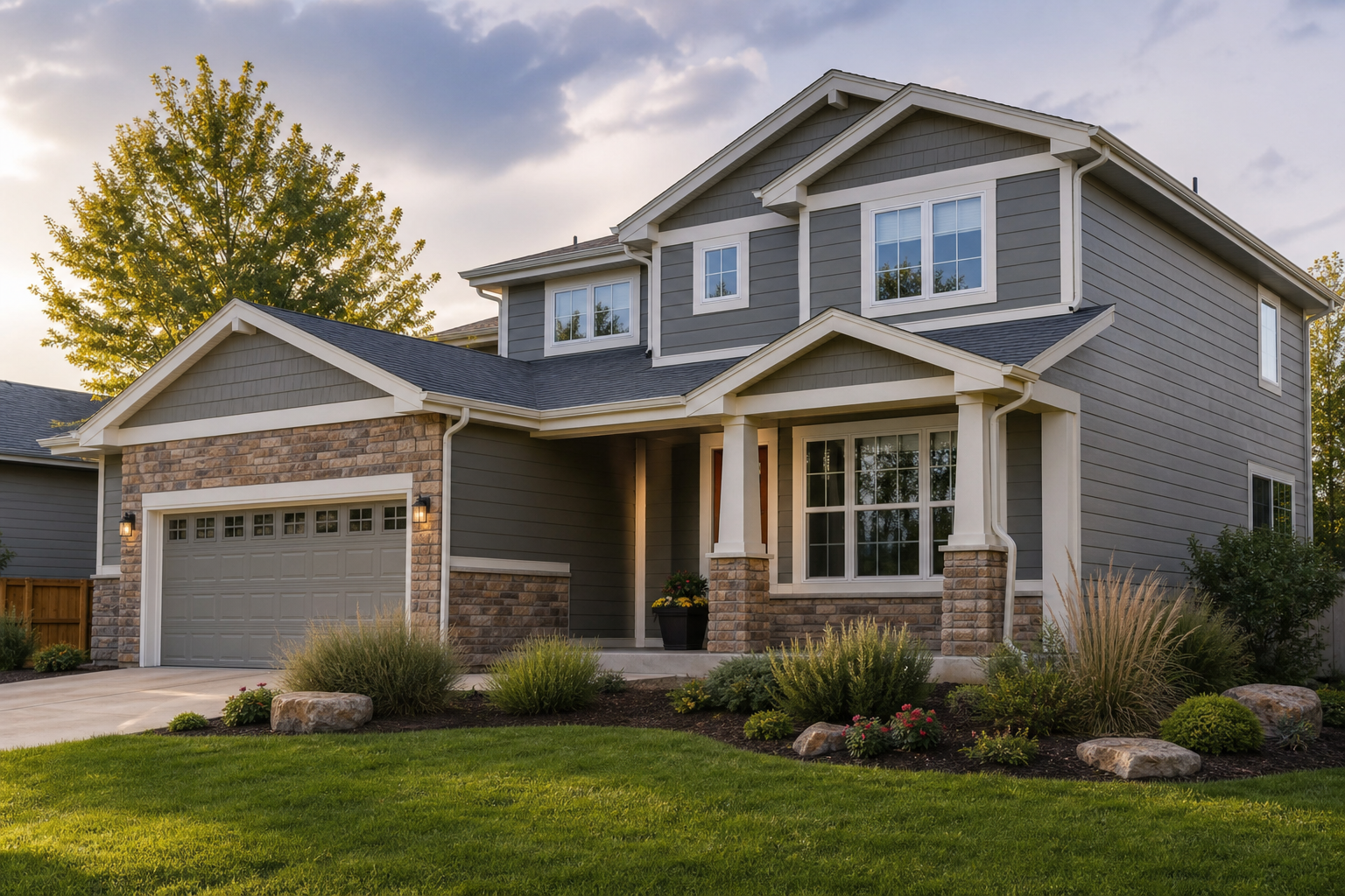 Completed home exterior in the Colorado Front Range with clean roofline, gutters, siding, and landscaping