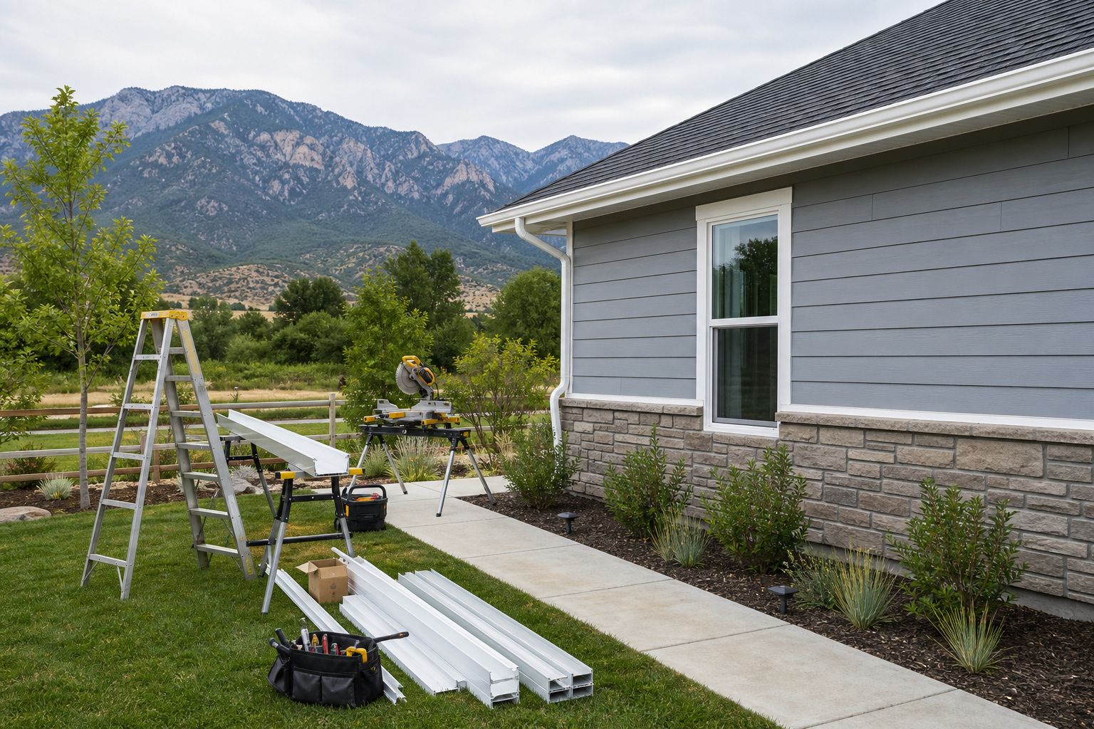 Clean residential exterior worksite with roof, gutters, siding, and landscape beds visible in Colorado